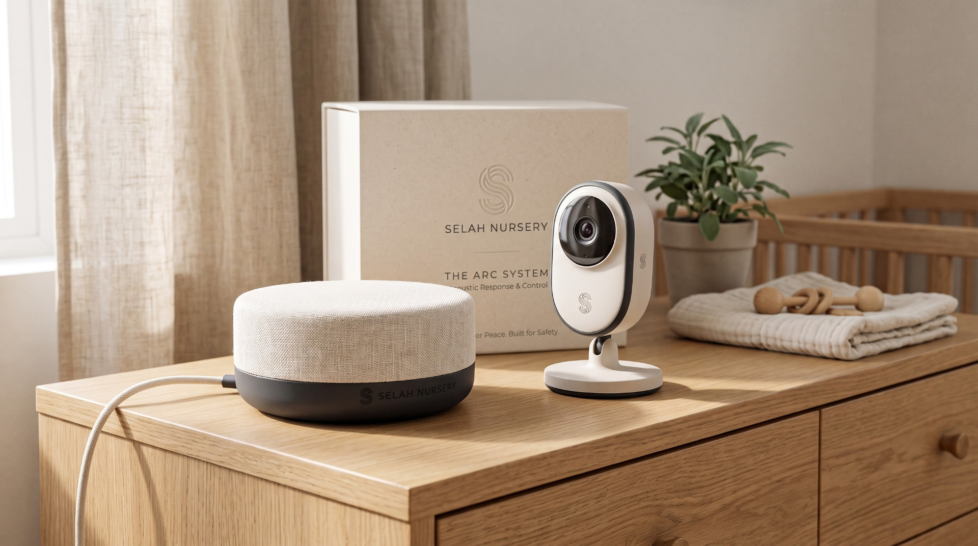 The ARC speaker and packaging on an oak nursery dresser